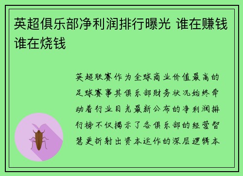 英超俱乐部净利润排行曝光 谁在赚钱谁在烧钱